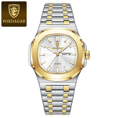 POEDAGAR Square Luxury Men's Wristwatch Luminous Waterproof Stainless Steel Male Clock Week Date Original Quartz Watches For Men Beauty World Shop