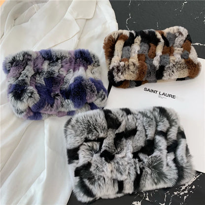 Women Handmade Stretch 100% Real Rabbit Fur Scarf Knit Genuine Rex Rabbit Fur Headbands Girls Natural Rabbit Fur Ring Scarves Beauty World Shop