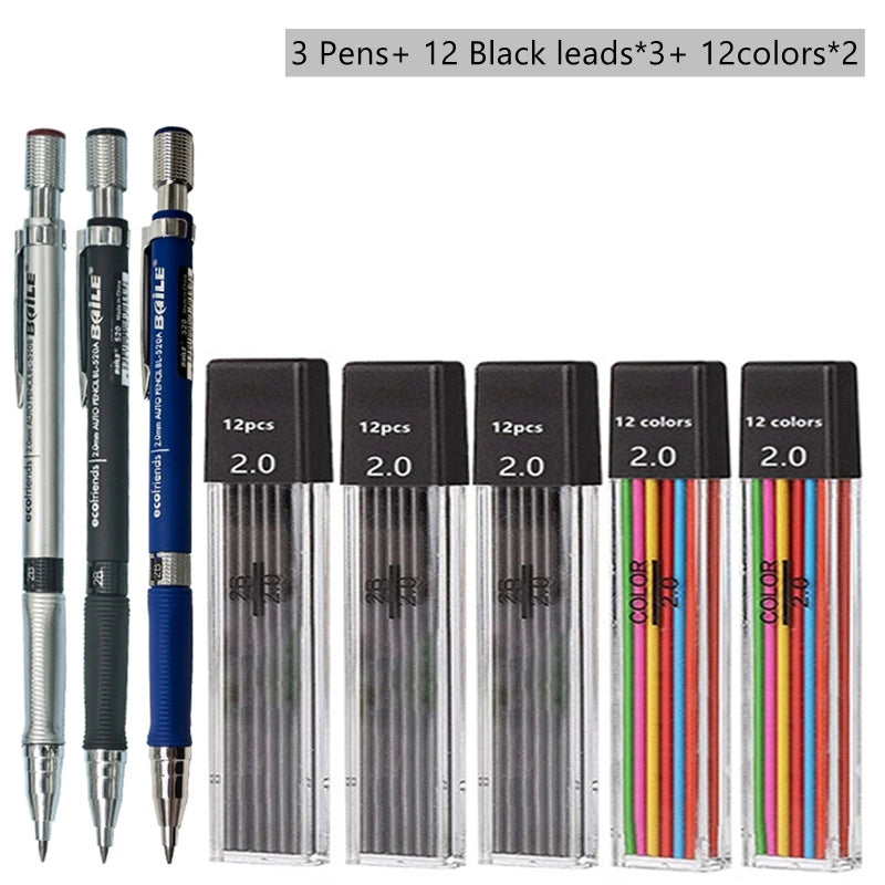 Mechanical Pencil Set 2.0 mm with 2B Black/Colors Lead Refill For Writing Sketching Art Drawing Painting School Automatic Pencil Beauty World Shop