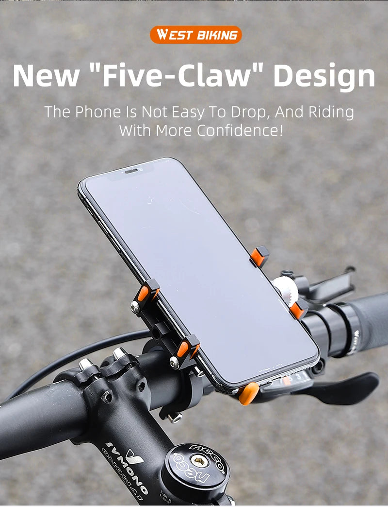 WEST BIKING Bicycle Mobile Phone Holder 360° Rotatable  Aluminum Alloy Phone Holder Five Claws Adjustable MTB Road Bike Bracket Beauty World Shop