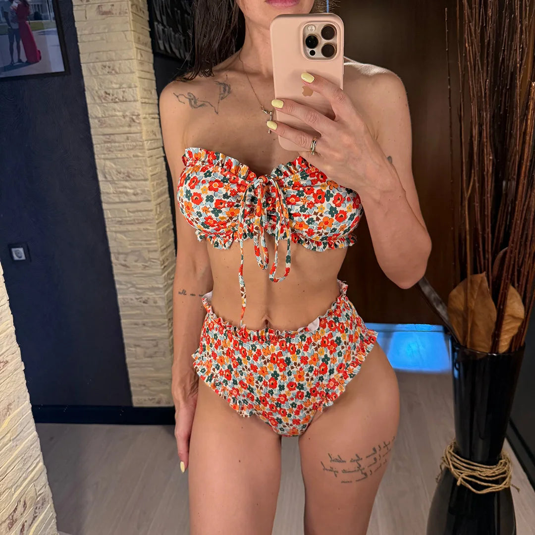 Flowers Printed Bandeau Female Swimsuit High Waist Bikini Women Swimwear Two-pieces Bikini set Bather Bathing Suit Swim V6613 Beauty World Shop
