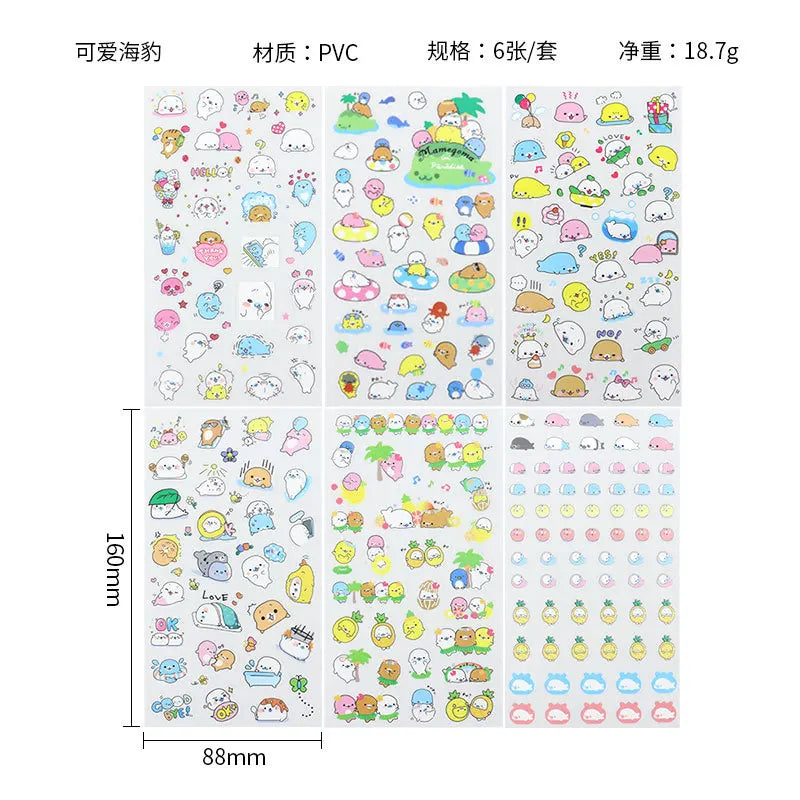 6Pieces/Set Transparent Pvc Waterproof Cartoon Sticker DIY Hand Account Decorative Stickers Kawaii Phone Cup Stickers Beauty World Shop