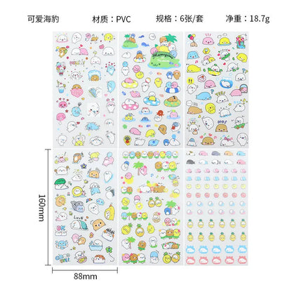 6Pieces/Set Transparent Pvc Waterproof Cartoon Sticker DIY Hand Account Decorative Stickers Kawaii Phone Cup Stickers Beauty World Shop