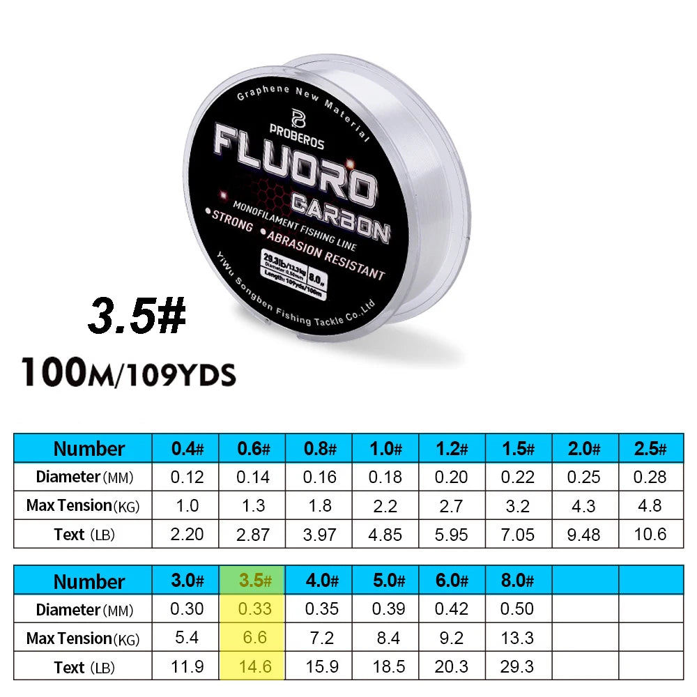 PROBEROS 100M Fluorocarbon Coating Fishing Line 2.2LB-29.3LB Carbon Fiber Monofilament Leader Line Carp Fishing Sinking Line Beauty World Shop