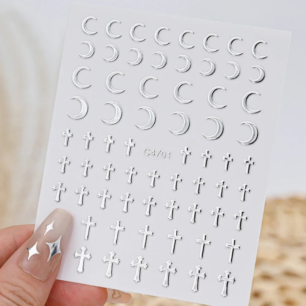 6 Sheets Metal Silver Nail Stickers Metallic 3D Star Nail Art Stickers Decals Self-Adhesive Nail Art Stickers Metal Chain Heart Beauty World Shop