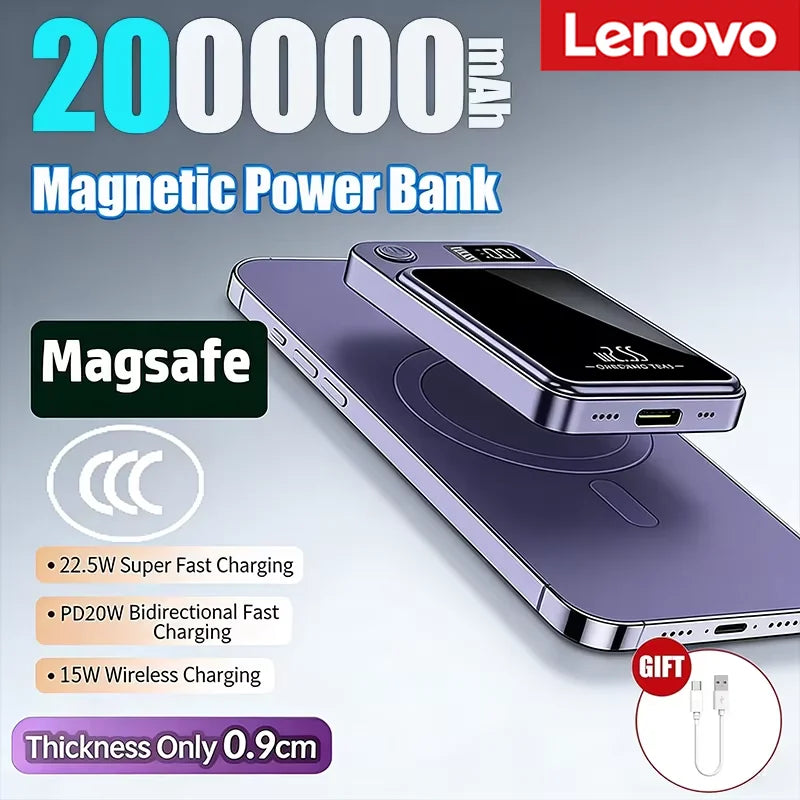 Lenovo 2026 200000mAh Magnetic Wireless Power Bank Portable Fast Charger For Magsafe Auxiliary Battery For iphone Huawei Samsung Beauty World Shop