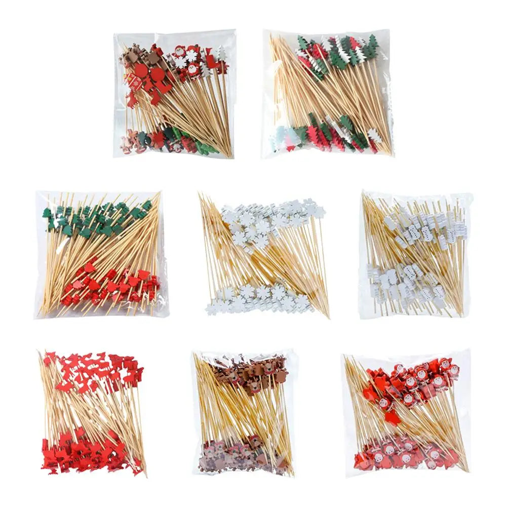 100Pcs Christmas Bamboo Skewer Cocktail Picks Cupcake Topper Disposable Food Dessert Toothpicks Fruit Sticks Party Supplies Beauty Trend Shop