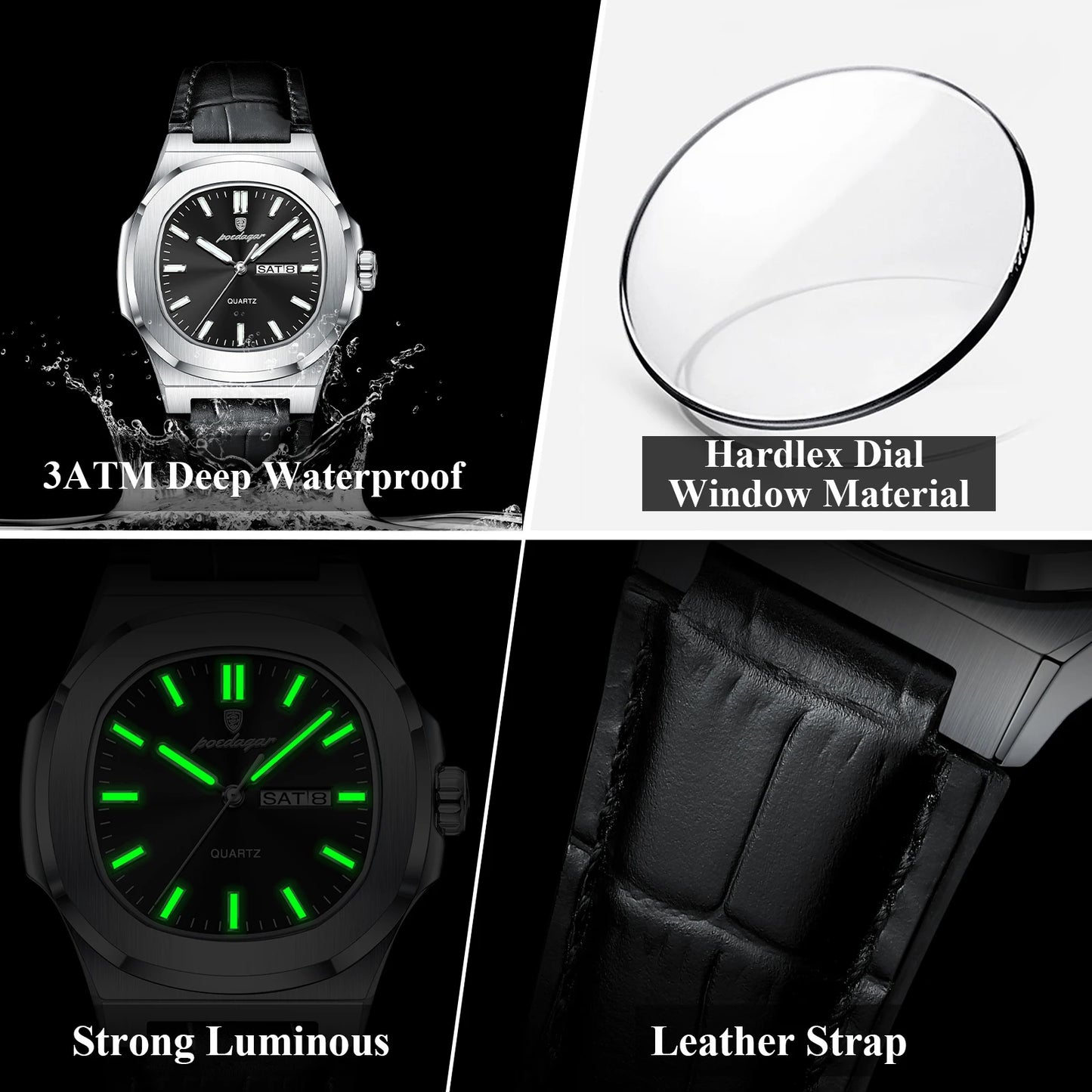 POEDAGAR Square Wristwatch For Men Luminous Waterproof Week Calendar Luxury Man Clock Leather Quartz Fashion Men's Watches Reloj Beauty World Shop