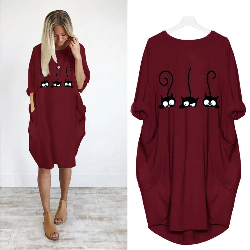 Women's Loose  Long Sleeved Summer Plus Size Dress Autumn  Winter Casual Round Neck Solid Color Long Sleeve Pocket Loose Pullove Beauty World Shop
