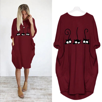 Women's Loose  Long Sleeved Summer Plus Size Dress Autumn  Winter Casual Round Neck Solid Color Long Sleeve Pocket Loose Pullove Beauty World Shop