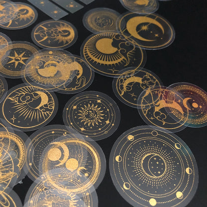70 pcs Glitter Gold PET Adhesive Stickers Waterproof Transparent Label: SUN MOON Stars Etc Beauty World Shop