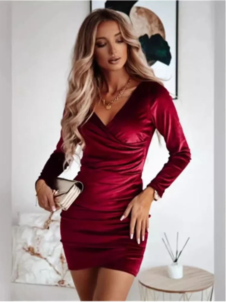 Lady Bodycon Solid Color Velvet Dress Women V-Neck Long Sleeved Mini Dress Autumn Winter New Year Party Luxury Dress Beauty World Shop