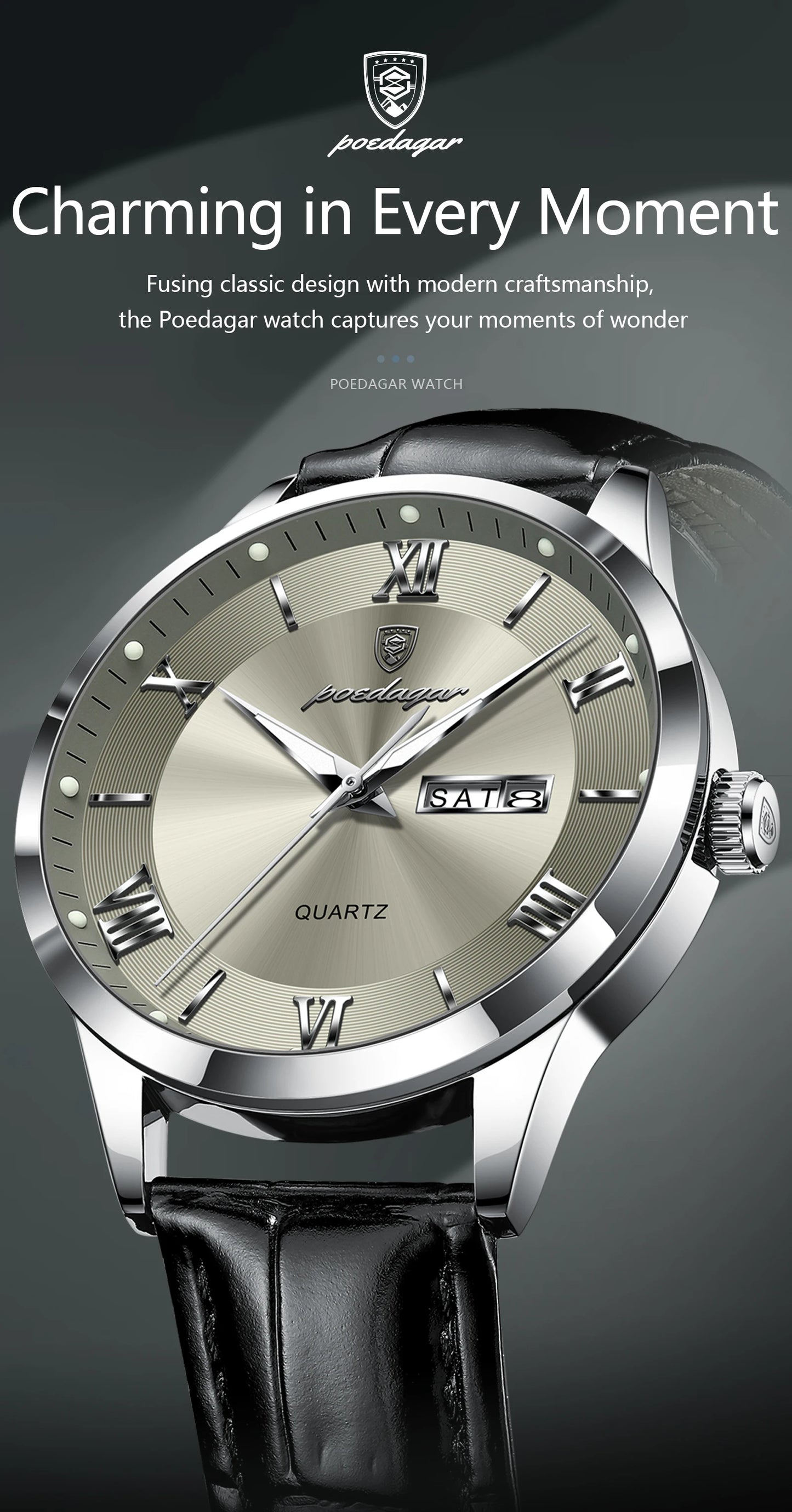 POEDAGAR Business Brand Men Clock Waterproof Luminous Date Week Fashion Man Wristwatch Leather Luxury Men's Quartz Watches Reloj Beauty World Shop