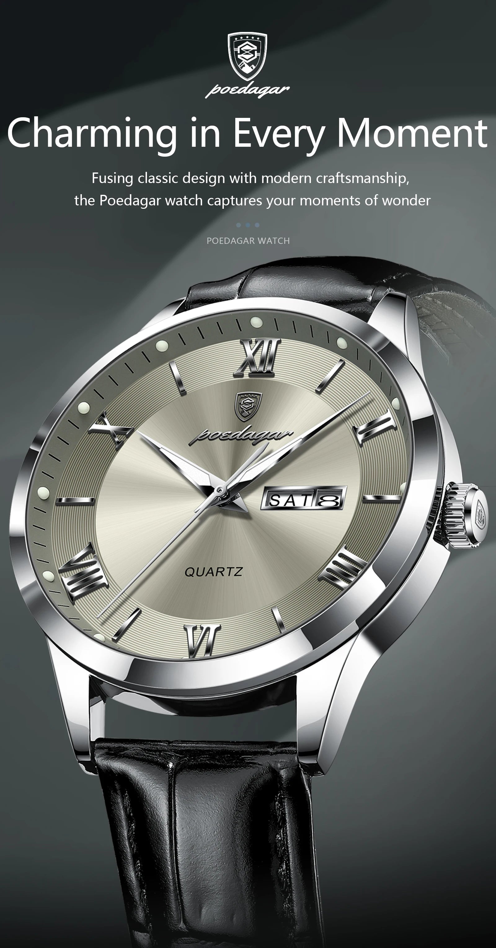 POEDAGAR Business Brand Men Clock Waterproof Luminous Date Week Fashion Man Wristwatch Leather Luxury Men's Quartz Watches Reloj Beauty World Shop