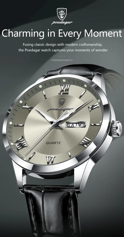 POEDAGAR Business Brand Men Clock Waterproof Luminous Date Week Fashion Man Wristwatch Leather Luxury Men's Quartz Watches Reloj Beauty World Shop