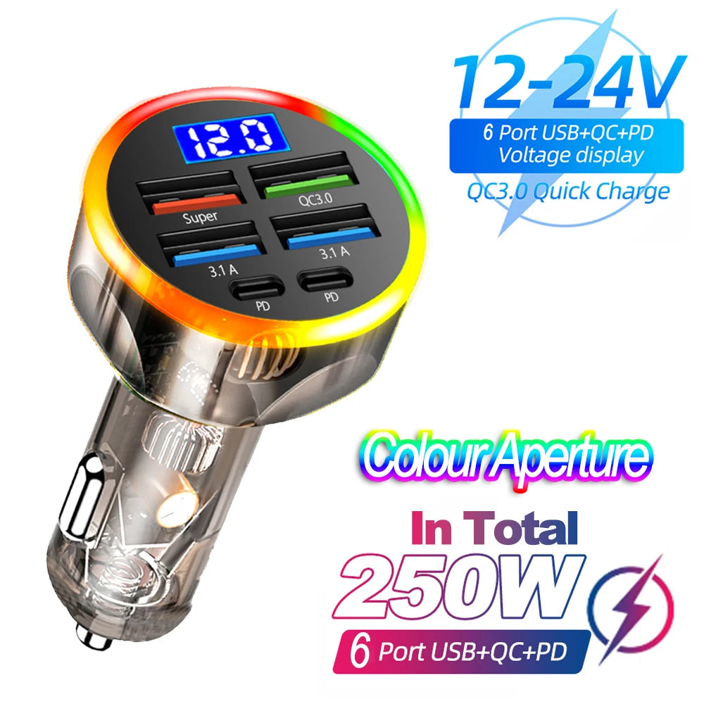 66-250W PD Car Charger QC3.0 Fast Charge One to Six Car Cigarette Lighter Plug Car Charger Flash Charge with Digital Display Beauty World Shop