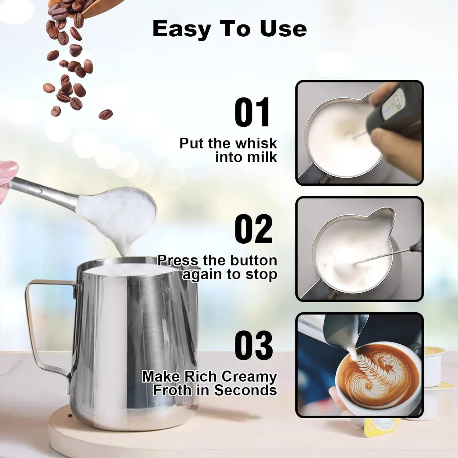 MINI Milk Frother USB Rechargeable 3 Speeds Foam Maker Coffee Whisk Mixer Electric Handle Blender Egg Beater Beauty World Shop