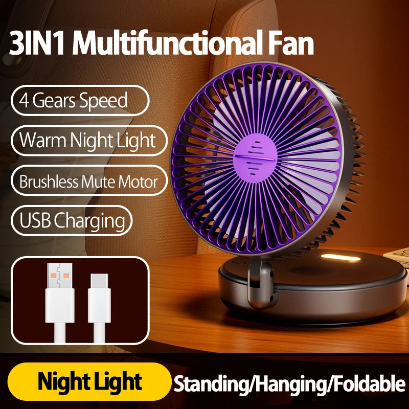2024 New Rechargeable 3IN1 Multifunctional Portable Fan Wall Mounted Fan 90° Folding Fan 4 Gears With Warm Night Light Beauty World Shop