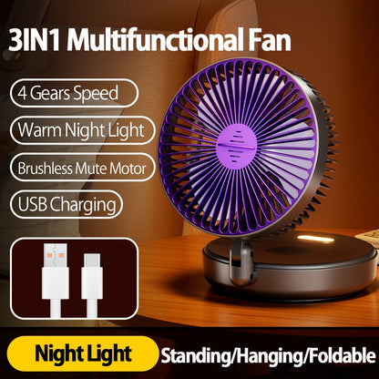 2024 New Rechargeable 3IN1 Multifunctional Portable Fan Wall Mounted Fan 90° Folding Fan 4 Gears With Warm Night Light Beauty World Shop