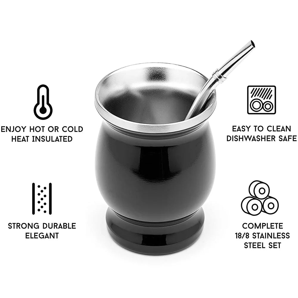 Yerba Mate Cup 304 Stainless Steel Double Wall 8oz Argentine Yerba Mate Gourd With Bombillas and Cleaning Brush Beauty Trend Shop