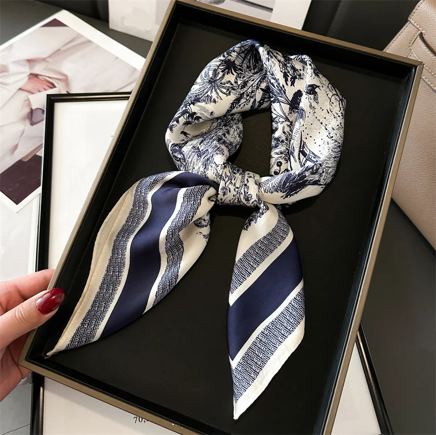 Luxury 2024 Silk Print Hair Scarf Women Floral Kerchief Neck Tie Hand Wrist Foulard Shawl Wraps Head Hijab Bandana Echarpe Beauty World Shop