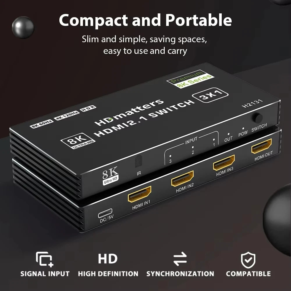 HDMI 2.1 Switch Splitter 120Hz 5/4/3-Port HDMI 8K@60Hz Splitter Switcher CEC 48Gbps  with remote HDMI HDR IR Remote 4K@120Hz 2K Beauty World Shop