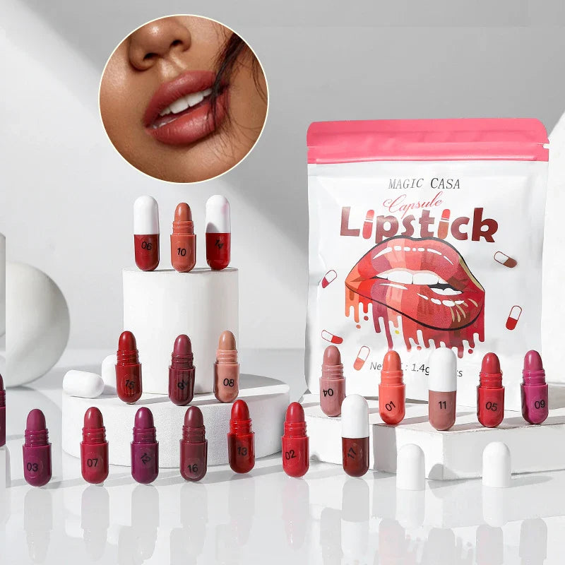 MAGIC CASA 18-Color Capsule Lipstick Set - Mini Matte, Long-lasting, Waterproof, Non-transfer，Soft matte finish Beauty Trend Shop