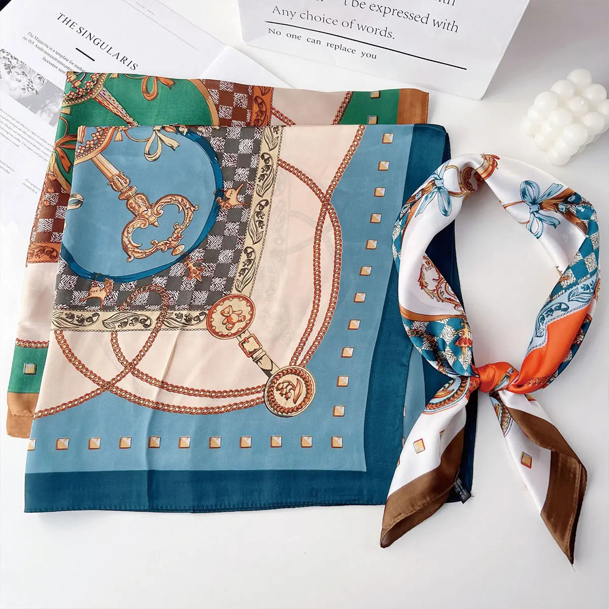 70x70cm Fashionable Korean Style Silk Square Scarf Satin Print Hairband Necktie Hair Accessory Headscarf Versatile Wrap Scarf Beauty World Shop