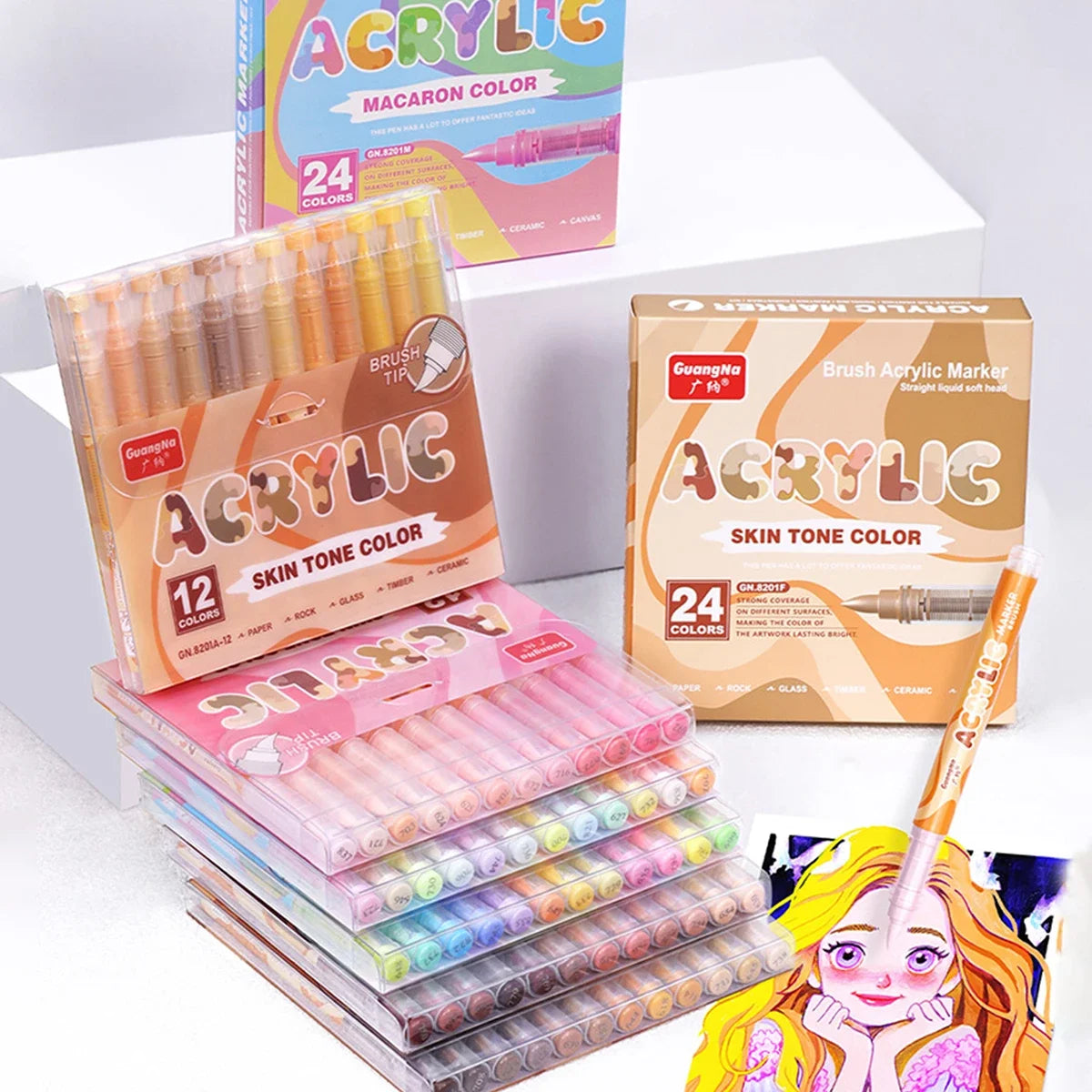 GuangNa 12-72 Colors Soft Brush Acrylic Marker Pen Set,Skin Tone, Macaron color,DIY Hand Drawn,Paint Art Markers pens,GN.8201F/M Beauty World Shop