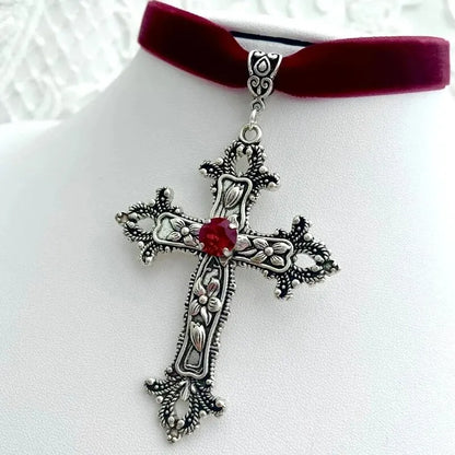 A Classic Gothic Large Cross Shaped Black Velvet Necklace Prepared for Her, Gorgeous Cross Shaped Black Velvet Necklace Beauty Trend Shop