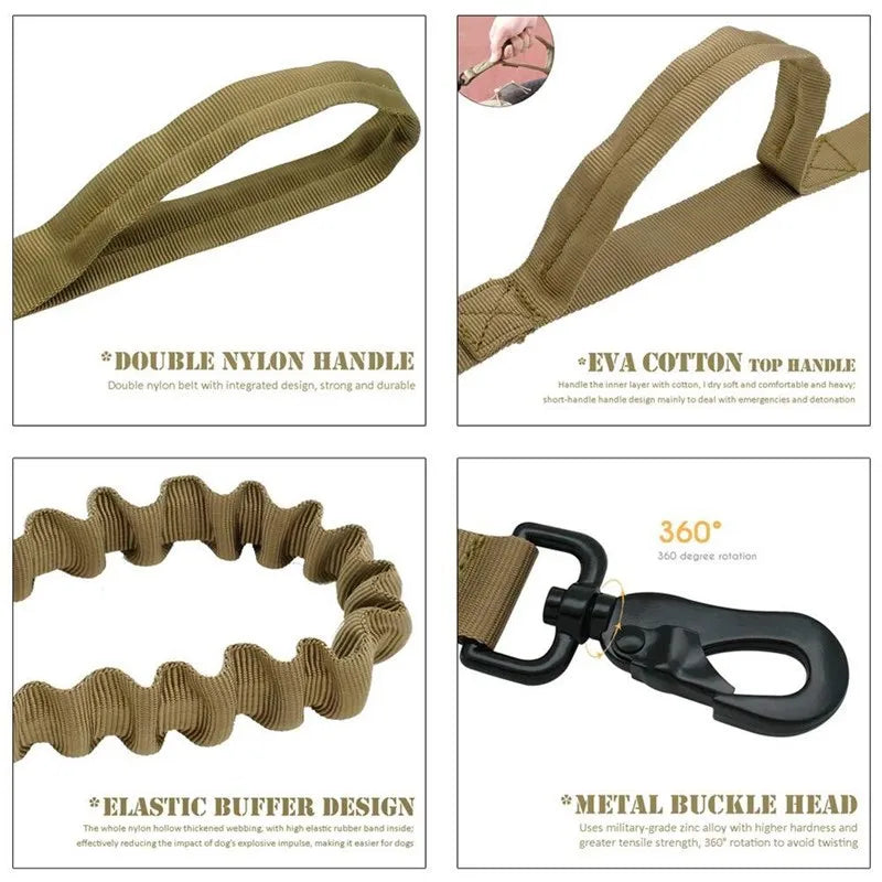 Military Tactical Dog Leash Training Adjustable Quick Release Elastic Leads Rope With 2 Control Handle For Medium And Small Dogs