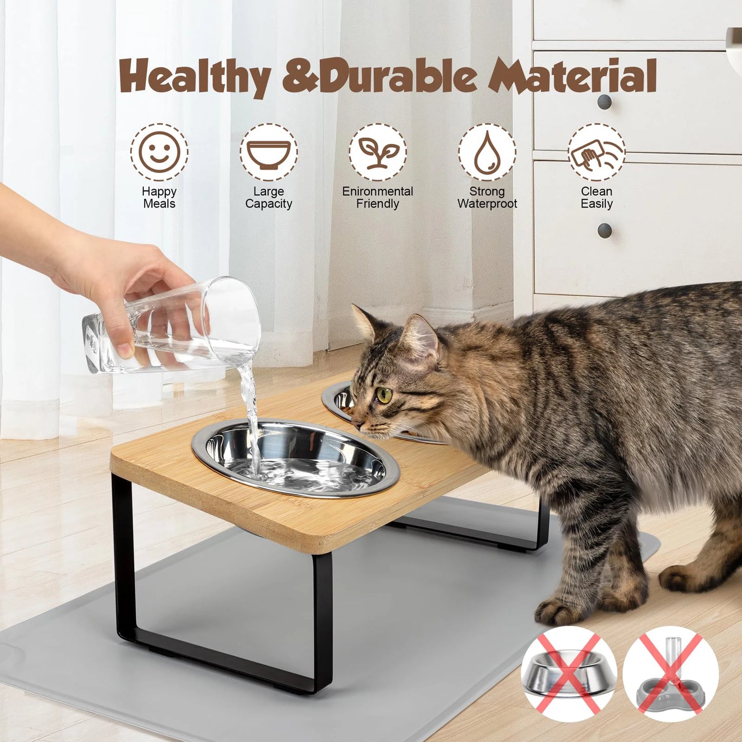Elevated Cat Bowls Pet Feeder 15° Tilted Raised Cat Food Bowls with Wooden Stand 2 Stainless Steel Bowls for Cats and Puppy Beauty World Shop