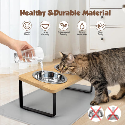 Elevated Cat Bowls Pet Feeder 15° Tilted Raised Cat Food Bowls with Wooden Stand 2 Stainless Steel Bowls for Cats and Puppy Beauty World Shop