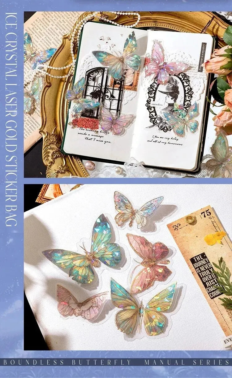 5Style 20pcs/pack INS Butterfly PET Sticker Pack Ice Crystal Laser Gold DIY Handbook Decoration 3D Scrapbook Beauty World Shop