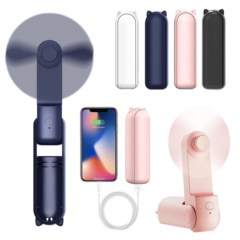 Portable Mini Handheld Fan Small Pocket Fan USB Rechargeable Battery Fan Folding Cooling Hand Fan Mini USB Fan with Power Bank Beauty World Shop