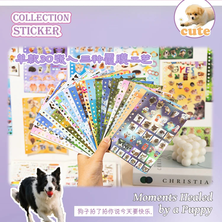 Cute Pets Theme Sticker Book 30 Sheets/Bag with Ring Binding for Scrapbooking DIY Collage Material Background Decoration Beauty World Shop
