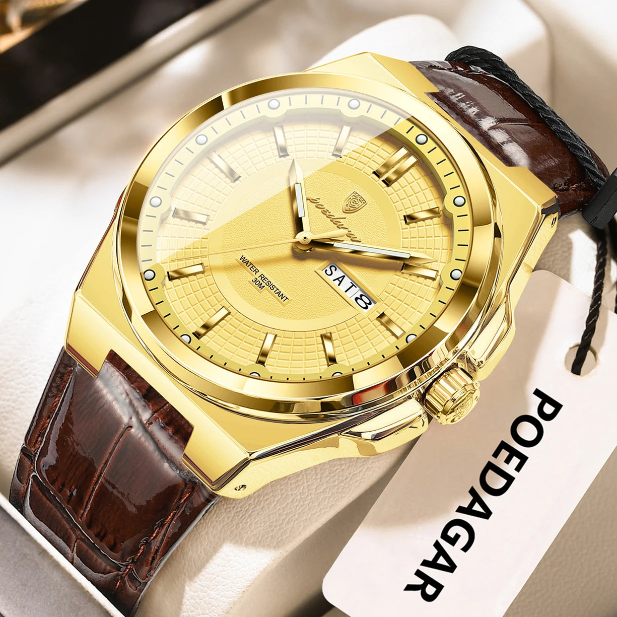 POEDAGAR Fashion Brand Man Wristwatch Waterproof Luminous Date Week Quartz Luxury Men's Watches Leather Business Men Watch Reloj Beauty World Shop