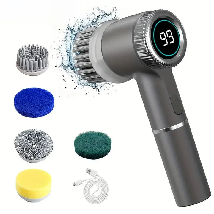 Electric Cleaning Brush LED Display with 5 Replaceable Brush Heads 3-speed Adjustable Cleaning Tool For Kitchen Bathroom