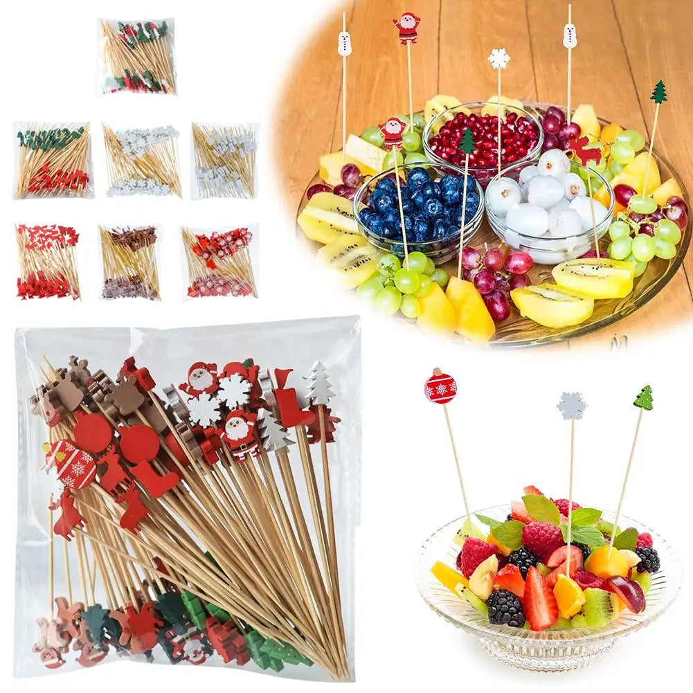 100Pcs Christmas Bamboo Skewer Cocktail Picks Cupcake Topper Disposable Food Dessert Toothpicks Fruit Sticks Party Supplies Beauty Trend Shop