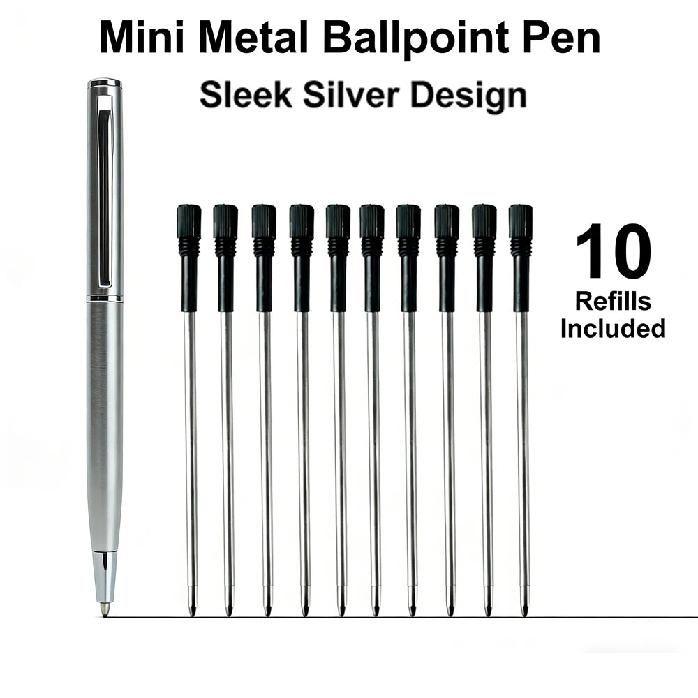 Mini Stainless Steel Metal Ballpoint Pen with 10 Replacement Refills Set, Portable Pocket Ballpen Compact Short Pen for Wallet Beauty World Shop