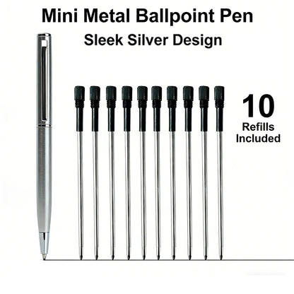 Mini Stainless Steel Metal Ballpoint Pen with 10 Replacement Refills Set, Portable Pocket Ballpen Compact Short Pen for Wallet Beauty World Shop