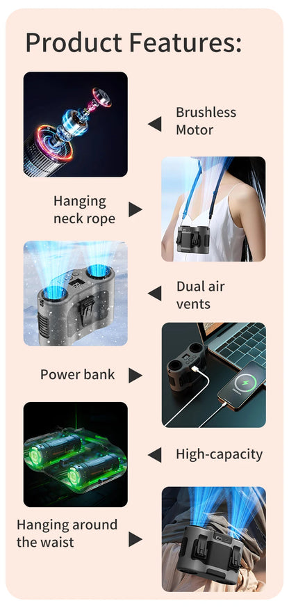Portable Waist Clip Fan Mini USB Charging Hanging Fan with LED Flashlight Outdoor Single/dual Air Outlet Fan 20000/10000Mah F6/7 Beauty World Shop