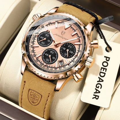 POEDAGAR Luxury Business Men's Watch Waterproof Luminous Date Chronograph Leather Man Clock Fashion Quartz Watches For Men Reloj Beauty World Shop