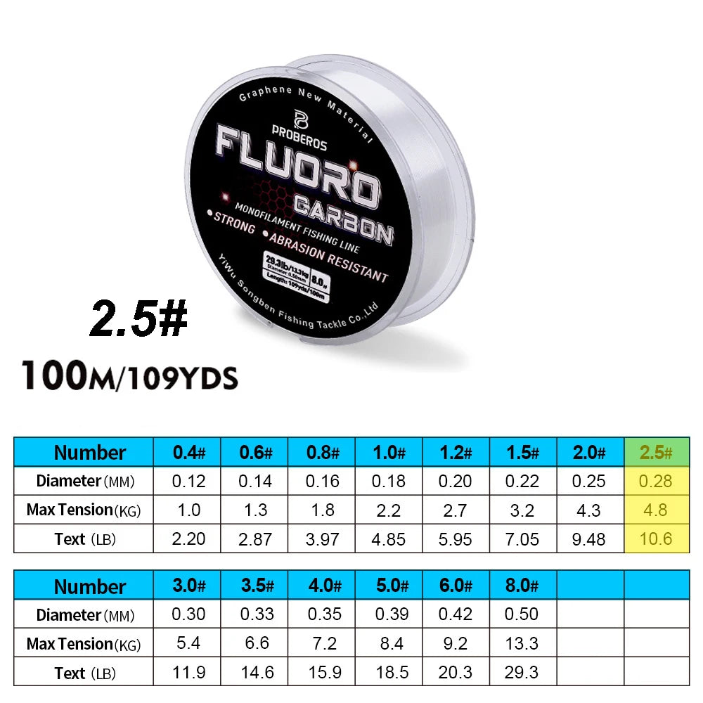 PROBEROS 100M Fluorocarbon Coating Fishing Line 2.2LB-29.3LB Carbon Fiber Monofilament Leader Line Carp Fishing Sinking Line Beauty World Shop
