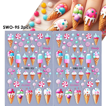 2pcs Sweet Element Nail Art Stickers Simple Flower Heart Cherry Strawberry Kawaii Decals Colorful Bow Butterfly Manicure Sliders Beauty World Shop
