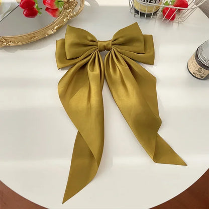 Korean Accessories Hair Clips for Women Girls Big Bowknot Solid Satin Long Ribbon Bows Spring Clamp Barette Cheveux Femme 2023 Beauty World Shop