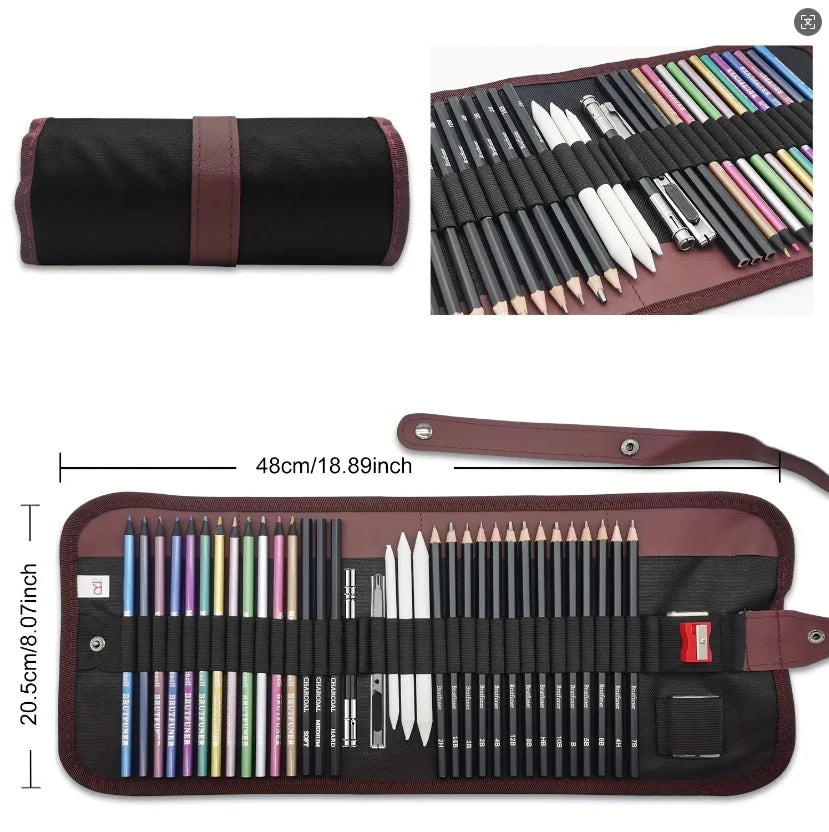 29Pcs Drawing Kit Sketching Pencils Set,Portable Pen Curtain-Charcoal Pencils, Sketch Pencils, Charcoal Stick,Sharpener,Eraser Beauty World Shop