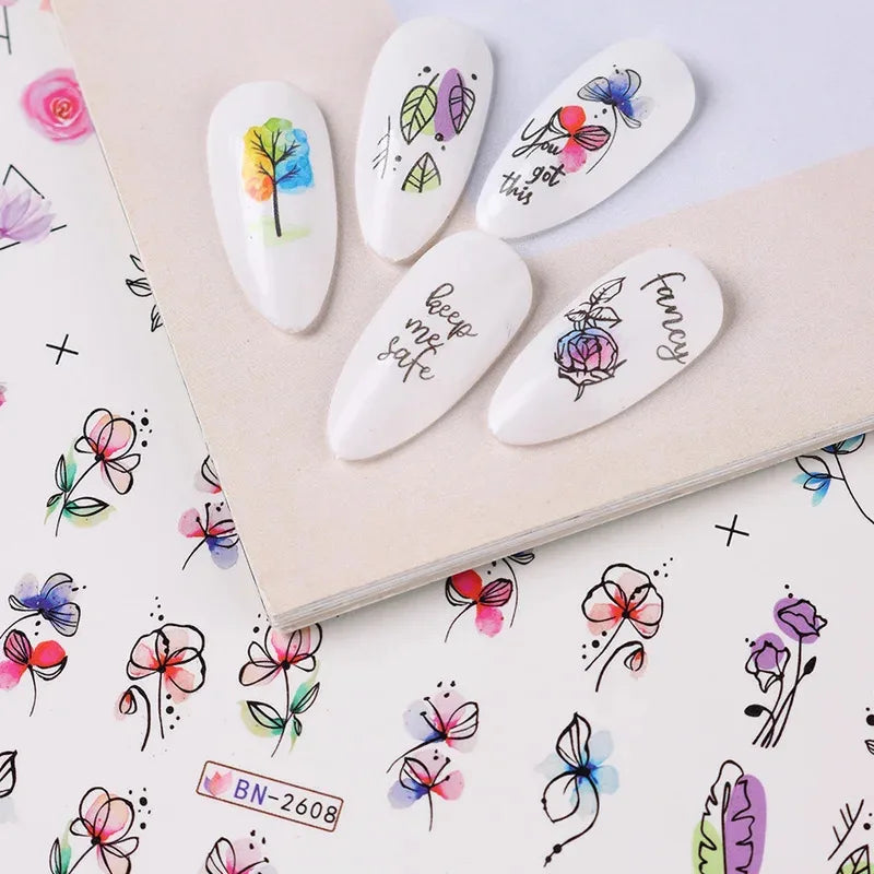 12 Pcs Summer Ink Blooming Flowers Nail Art Stickers, Water Decal Leaves Graffiti Slider Nail Decoration Beauty World Shop