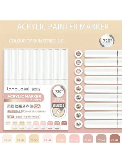 Languo 9pcs/box Soft Brush Acrylic Marker Pen Set，DIY Hand Drawn,Paint Art Markers pens,Student Graffiti Acrylic Paint Pens,M720 Beauty World Shop