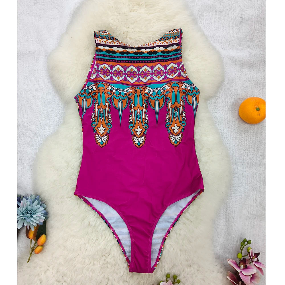 2026 New Printed One-piece Swimsuit Classic Printed Lace Up Swimsuit Women's Push Up Flower One-piece Suit Beach Wear For Female Beauty World Shop